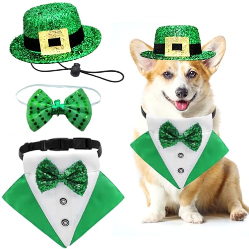 St. Patrick's Day Hundekostüm, 3er-Pack, Welpen-Bandana, Zylinderhut, grünes Kleeblatt, Fliege, Kragen, verstellbarer Haustier-Schal, formelle Smoking-Kleidung, irisches Smoking-Kleid für Hunde und von Midufrry