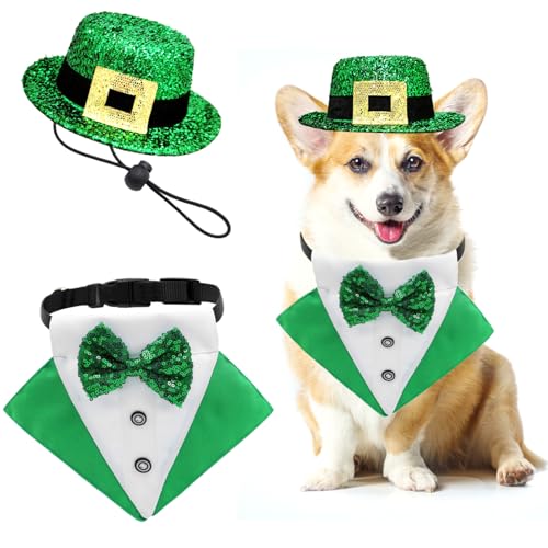 St. Patrick's Day Kostüm für Hunde, Halstuch, Halsband und Haustier-Hutschnalle, grüne Fliege mit D-Ring, irischer Smoking, St. Patrick-Outfits für Hunde, Welpen, Katzen, Partykleid (klein), 2 Stück von Midufrry