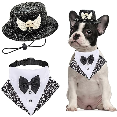 Totenköpfe, Halloween-Hundekostüm, 2er-Pack, Haustier-Smoking, Bandana, Halsband mit Fliege, glänzender Zylinderhut, lustige Halloween-Cosplay-Outfits, Smokingkleidung mit D-Ring, Halloween-Kostüm für von Midufrry