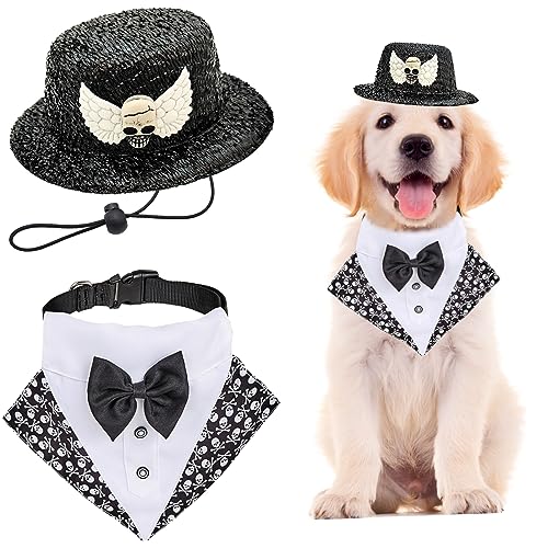 Totenköpfe, Halloween-Hundekostüm, 2er-Pack, Haustier-Smoking, Bandana, Halsband mit Fliege, glänzender Zylinderhut, lustige Halloween-Cosplay-Outfits, Smokingkleidung mit D-Ring, Halloween-Kostüm für von Midufrry