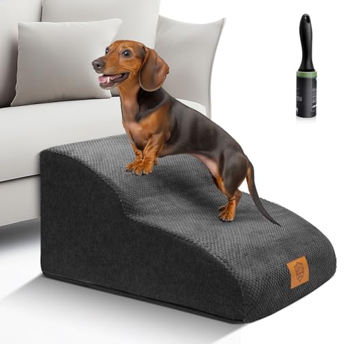 Midyb 2 Stufen Hundetreppe, Breiter Haustiertreppe mit Abnehmbar & Waschbarer Bezug für Kleine Hunde, Wasserfest Hunderampe für Sofa Bett, Senden 1 Fusselrollen, 55x40x30cm, Schwarz von Midyb