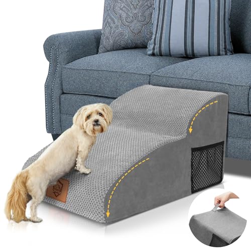 Midyb Hundetreppe für Kleine Hunde 2 Stufen, Haustiertreppe 30cm Hoch mit Hochdichter Schwamm & Waschbar Bezug, Tragbar Hunderampe für Sofa Bett, Grau von Midyb