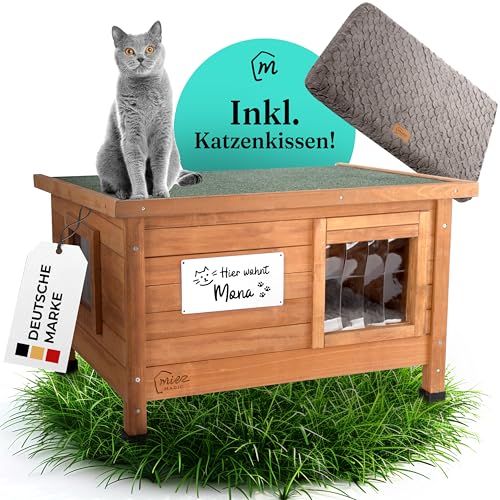 MIEZ MAGIC Katzenhaus Outdoor Winterfest - Robustes Fichtenholz - Wasserdicht & isoliert - Katzenhaus für draussen mit Dachscharnier - Komfort Katzenhütte 67x53x43cm von Miez Magic