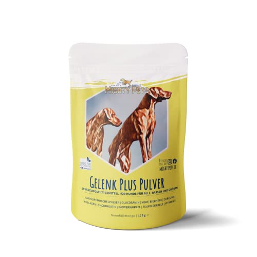 Mighty Pets - GELENK Plus Pulver (bis 125 Portionen) für Hunde mit Grünlippmuschel, MSM, Teufelskralle, Curcuma, Chondroitin, Glucosamin, Bierhefe aus Deutschland von Mighty Elements