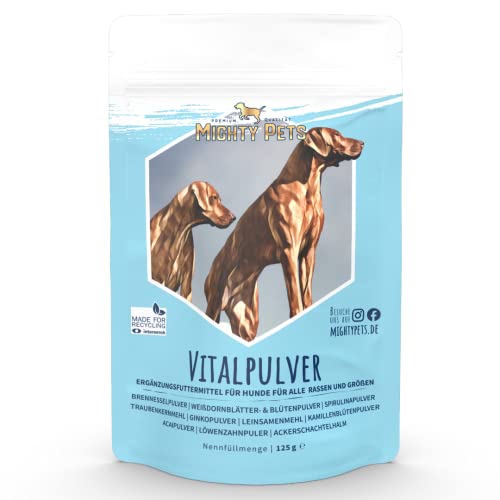 Mighty Pets Hunde Vital Pulver 125 gr - mit Weißdorn, Spirulina, Brennessel, Leinsamenmehl. Ginkopulver, für die Hundegesundheit von Mighty Elements