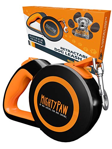 Mighty Paw Einziehbare Hundeleine 2.0,4.6 m, strapazierfähig, für Haustiere bis zu 22.7 kg Verwicklungsfreies Design mit One-Touch-Schnellverschluss-Bremssystem und rutschfestem Griff, Orange/Lite von Mighty Paw