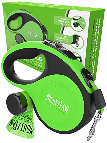 Mighty Paw Einziehbare Leine mit integriertem Kotbeutelhalter, 40,6 cm lange Leine für kleine Hunde, mittelgroße Rassen und große Haustiere, Klebeband für schnelle Kontrolle, inklusive Taschen von Mighty Paw