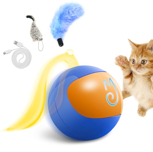 Migipaws Interaktives Katzenball-Spielzeug-Set, lustiger Tracker, automatischer rollender Chase-Ball mit flauschigem Schwanz, kleine Mäuse, wiederaufladbar (blau) von Migipaws