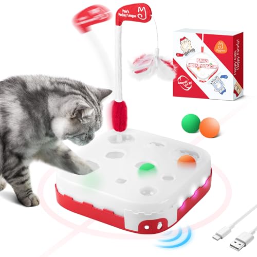 Migipaws Katzenspielzeug, 5-in-1, automatisches, interaktives Kätzchen-Spielzeug-Set, Rollball, Katzenfederstab, Karton-Design, wiederaufladbar, Pfoten-Hockey-Spiel für Indoor-Katzen von Migipaws