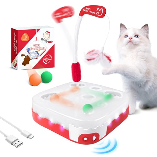 Migipaws Katzenspielzeug,5-in-1 elektrisches interaktives Katzenspielzeug,rollender Bälle,Flexible Angel mit Federn,Papierbox Design,Pfoten-Hockey-Spiel für Hauskatzen von Migipaws