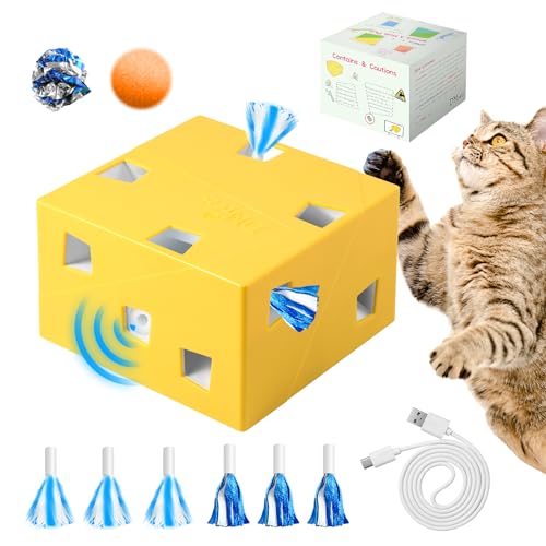 Migipaws Katzenspielzeug,Interaktives Elektrisches 12-Loch-Mäuse-Whack-A-Mole,Upgrade Intelligentes Spielzeug,3St Federn und 3St Bänder,Lustiges Karton Design,USB Wiederaufladbar von Migipaws