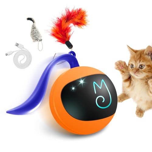 Migipaws Katzenspielzeug, elektrisch beweglicher Ball, Plüschmäuse und Federn als zusätzliches Spielzeug, DIY N in 1 Haustiere Intelligenter automatischer Teaser, USB wiederaufladbar (Orange) von Migipaws