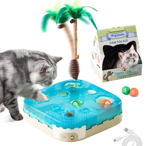 Migipaws Katzenspielzeug,7-in-1 elektrisches interaktives Katzenspielzeug, rollender Ball,Flexible Angel mit Federn,Katzenminze,Katzen Fellpflege,Pappkatzenhaus,Pfoten Palast für Hauskatzen von Migipaws