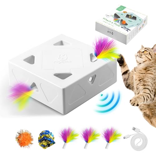 Migipaws Katzenspielzeug, Interaktives Elektrisches 7-Loch-Mäuse-Whack-A-Mole, Intelligentes Teaser Spielzeug,4 Stück Feder Zubehör,Lustiges Karton-Design,USB Wiederaufladbar von Migipaws