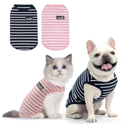 MIHACHI Gestreiftes Hunde-T-Shirt, weich, ärmellos, atmungsaktiv und leicht, Baumwolle, Kleidung für kleine, mittelgroße Hunde, Katzen, Welpen (2 Stück) von Mihachi