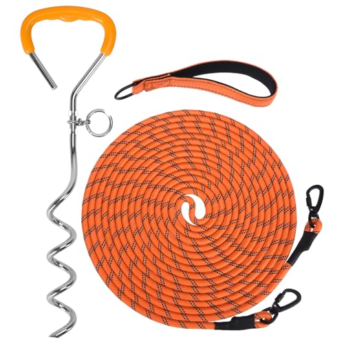 Mihachi Hundeleine, reflektierende Schleppleine mit abnehmbarem Griff, 40,1 cm Erdspieß, ideal für Hof, Camping und Strand, geeignet für große Hunde, Orange, 9 m von Mihachi