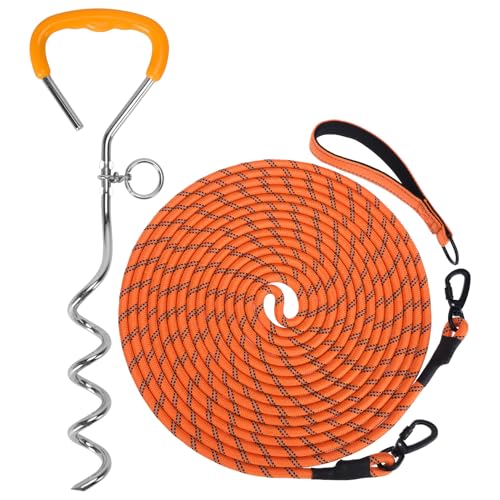 Mihachi Hundeleine, reflektierende Schleppleine mit abnehmbarem Griff, 40,1 cm Erdspieß, ideal für Hof, Camping und Strand, geeignet für große Hunde, Orange, 9 m von Mihachi