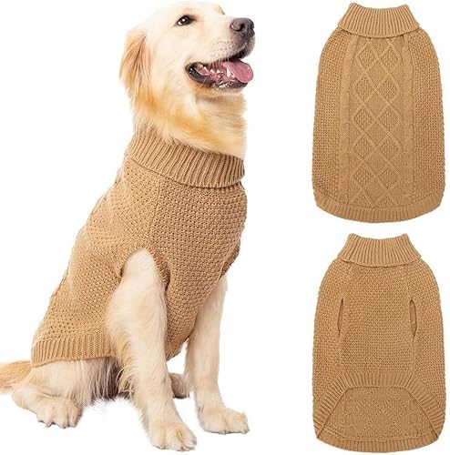 Mihachi Rollkragenpullover für Hunde, Wintermantel, klassische Zopfstrickkleidung mit Loch für die Leine für kaltes Wetter, ideales Geschenk für Haustiere im Neujahr, Khaki, Größe XL von Mihachi