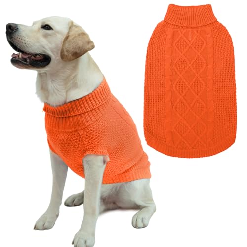 Mihachi Rollkragenpullover für Hunde, Wintermantel, klassische Zopfstrickkleidung mit Loch für die Leine für kaltes Wetter, ideales Geschenk für Haustiere im Neujahr, Orange, Größe L von Mihachi