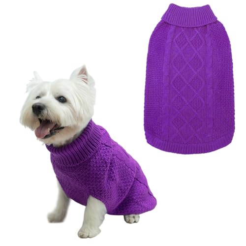 Mihachi Rollkragenpullover für Hunde – Wintermantel, klassische Zopfstrickkleidung mit Loch für die Leine für kaltes Wetter, ideales Geschenk für Haustiere im Neujahr, Lila, Größe XS von Mihachi