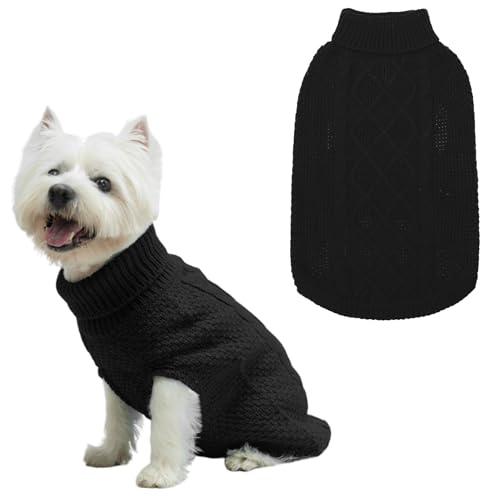 Mihachi Rollkragenpullover für Hunde – Wintermantel, klassische Zopfstrickkleidung mit Loch für die Leine für kaltes Wetter, ideales Geschenk für Haustiere im Neujahr, Schwarz, Größe S/M von Mihachi