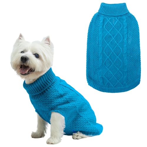 Mihachi Rollkragenpullover für Hunde – Wintermantel, klassische Zopfstrickkleidung mit Loch für die Leine für kaltes Wetter, ideales Geschenk für Haustiere im Neujahr, Seeblau von Mihachi