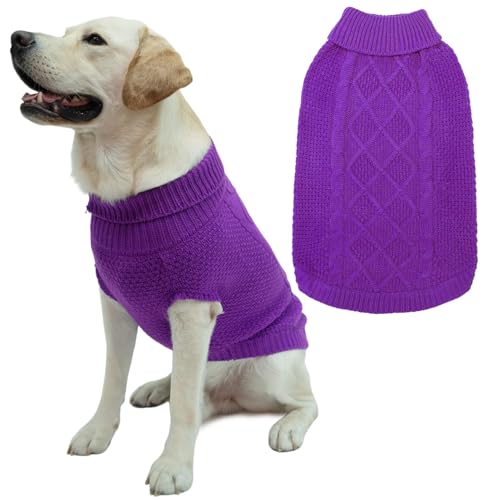 Mihachi Rollkragenpullover für Hunde – Wintermantel, klassische Zopfstrickkleidung mit Loch für die Leine für kaltes Wetter, ideales Geschenk für Haustiere zum Neujahr, Lila, Größe M/L von Mihachi