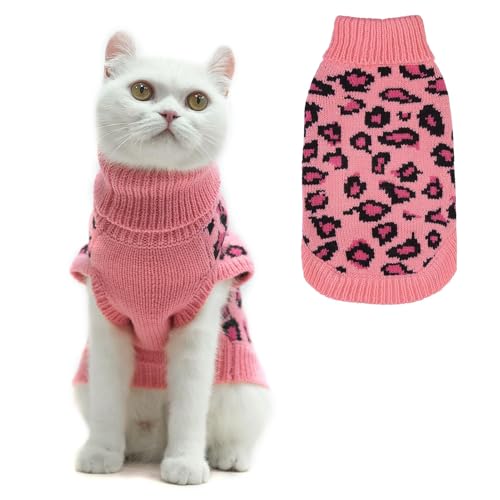 Mihachi Warmer Winter-Katzenpullover, Rollkragen, Welpen, Haustiere, Strickweste, modisch, Leopardenmuster für Katzen, Welpen, kleine Tiere, Rosa, Größe L von Mihachi