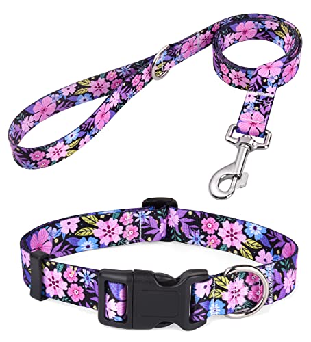 Mihqy Hundehalsband und Leine Set, Verstellbares, Weich & Komfort Nylon Hunde Halsband für Kleine Mittlere Große Hunde Welpen Katzen(Blumen Rosa Set,M) von Mihqy