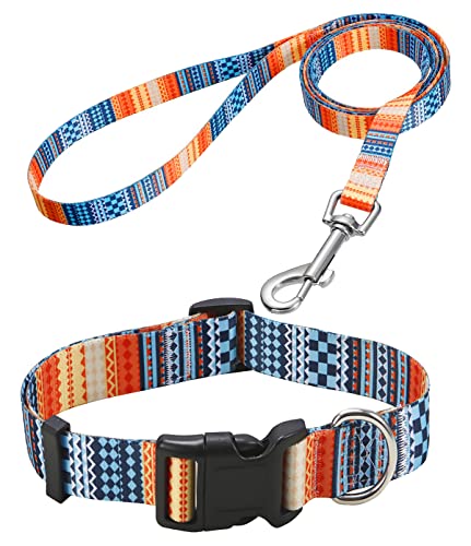 Mihqy Hundehalsband und Leine Set, Verstellbares, Weich & Komfort Nylon Hunde Halsband für Kleine Mittlere Große Hunde Welpen Katzen(Böhmische Orange Set,M) von Mihqy