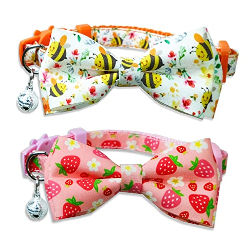 2 Stück Frühling/Sommer Katzenhalsband mit Fliege, Honigbiene und niedliche Erdbeerblumenhalsband für Kätzchen und Kätzchen von Miiemiu