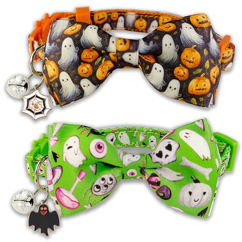 Halloween-Katzenhalsband mit weißem Totenkopf- und Spinnenmuster, gruselig, verstellbar, festliches Accessoire für Katzen von Miiemiu