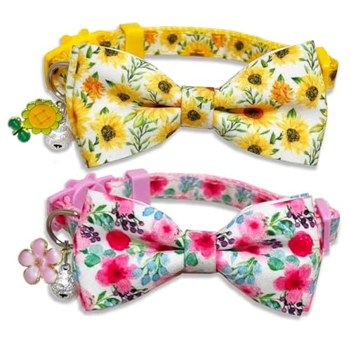 Katzenhalsband für Frühjahr/Sommer, mit Fliege, Sonnenblumen- und Kirschblütenmuster, verstellbares Sicherheits-Halsband für Kätzchen und Kätzchen, 2 Stück von Miiemiu