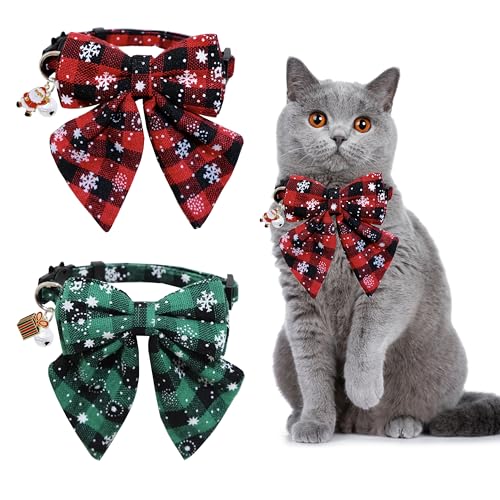 Weihnachten Fliege Katzenhalsband Set mit Glocke, Winterurlaub Rot und Grün Schneeflocke Büffel Katzenhalsband für Jungen und Mädchen Kitty Kätzchen von Miiemiu