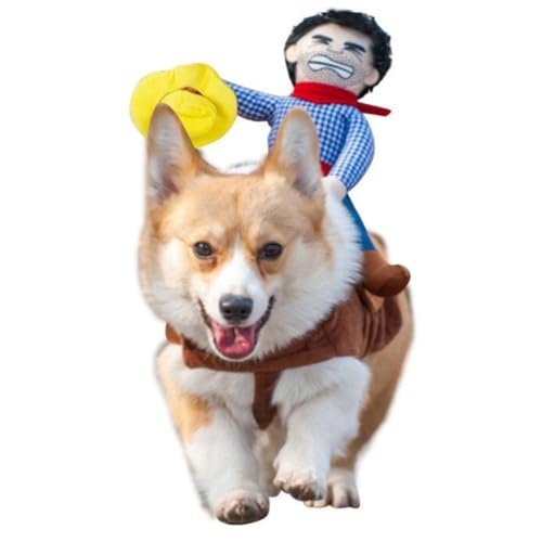 Deluxe Cowboy-Reiter-Haustierkostüm – lustiges Hunde-Halloween-Outfit mit Puppe und Hut, verstellbares Ritter-Kostüm für Labor, Deutscher Schäferhund, Golden Retriever und mehr (S) von Mikayoo