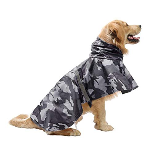 Mikayoo Großer Hunde-Regenmantel, Camouflage, verstellbar, wasserdicht, leicht, Regenjacke, Poncho, Hoodies mit Streifen, reflektierend (Grau L) von Mikayoo