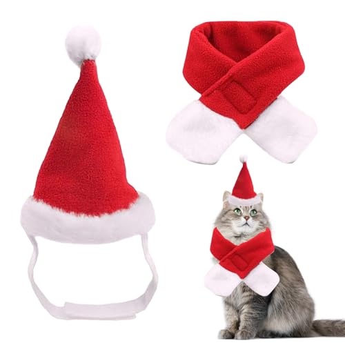 Katzen Hunde Weihnachtskostüm, Weihnachtskostüm für Katzen, Weihnachten Hundekostüm, Haustier Kostüm Weihnachtsmütze und Schal, Hunde Katzen Weihnachtsmützen und Halsband Weihnachtskostüm Zubehör Set von Mikiuly