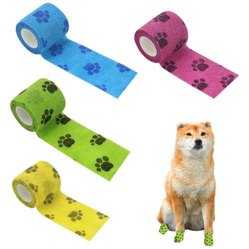 Selbstklebende Bandage für Haustiere, Haustiere Selbstklebender Verband,4pcs Pet Cohesive Bandages, Elastische Kohäsive Haftbandage,Kohäsive Fixierbinde, für Hund,Katze, Wrap Klebeverband von Mikiuly