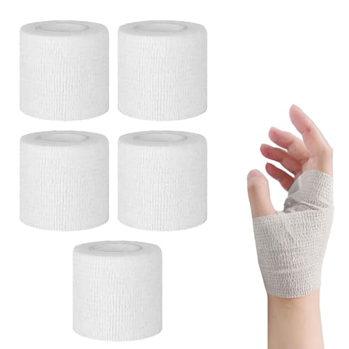 Selbstklebender Verband, Elastische Binde, Selbsthaftend Kohäsive Bandage, Selbsthaftende Fixierbinde, Atmungsaktives Sporttape, für Finger, Handgelenk, Füße, 5cm x 4,5m, Weiß, 5 Rollen von Mikiuly