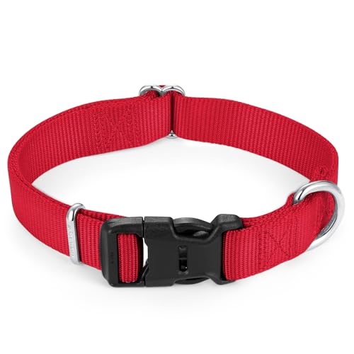 Mikivery Hundehalsband aus Nylon mit Schnellverschluss-Schnalle, weich, verstellbar, stabil, für kleine, mittelgroße und große Hunde, Rot, Größe L von Mikivery