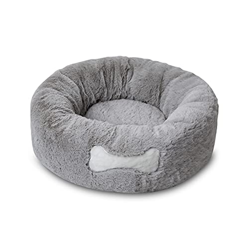 Mikki Hunde-, Katzen-, Welpen-, Kätzchen-Design, ultraweiches graues Kunstfell, beruhigendes Donut-Bett, rundes Kissen, Kuscheltier – klein von Mikki