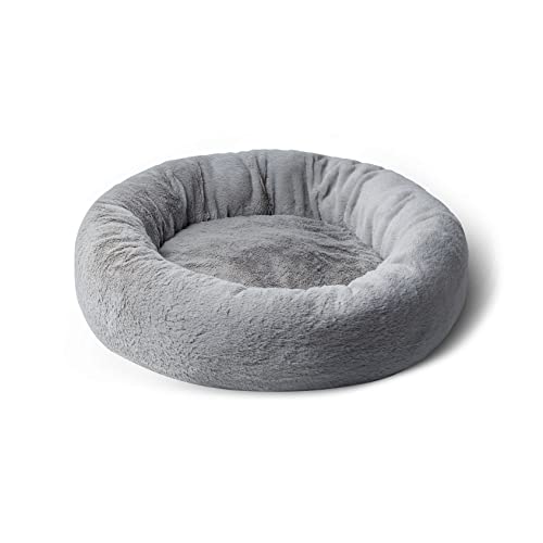 Mikki Hunde-, Katzen-, Welpen-, Kätzchen-, ultraweiches graues Kunstfell-Bett, beruhigendes Donut-Bett, rundes Kissen, Kuscheltier – Größe XL von Mikki