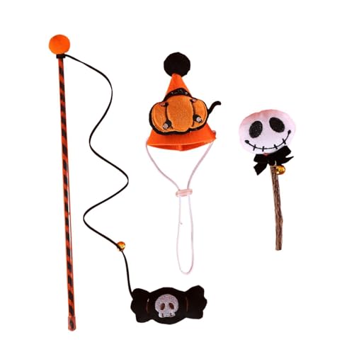 Milageto Halloween Kegelhut beißstäbchen-Set, Katzenspielzeug, lustig, Zubehör, Geschenk für Katzen, Kau- und beißspielzeug, Totenkopf, Kürbis von Milageto