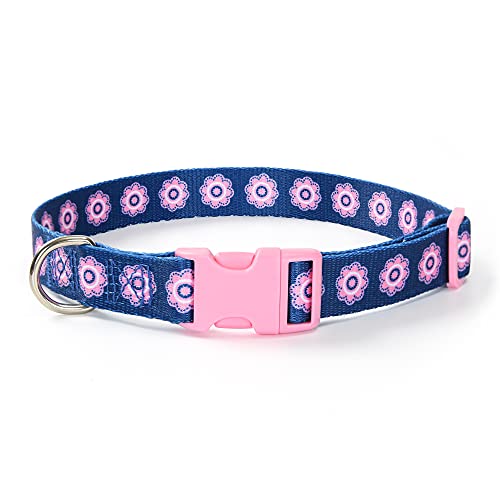 Mile High Life | Geometrisches Kariertes Wellenlinienmuster | Weiches Poly-Baumwollgewebe | Schwarzes Schnallen-Hundehalsband mit D-Ring (M, Pinke Blume) von Mile High Life