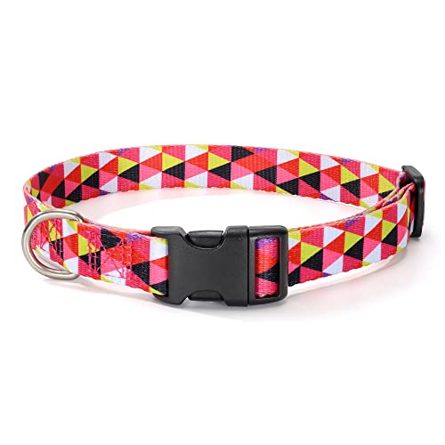 Mile High Life | Geometrisches Ozean-Wellenmuster | Weiches Poly-Baumwollgewebe | Schwarzes Schnallen-Hundehalsband mit D-Ring (L, Rot + Weiß Plaid) von Mile High Life