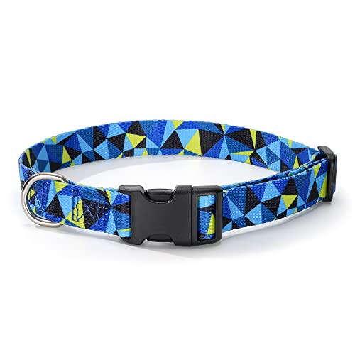 Mile High Life | Geometrisches Ozean-Wellenmuster | Weiches Poly-Baumwollgewebe | Schwarzes Schnallen-Hundehalsband mit D-Ring (M, Blau + Gelb Plaid) von Mile High Life