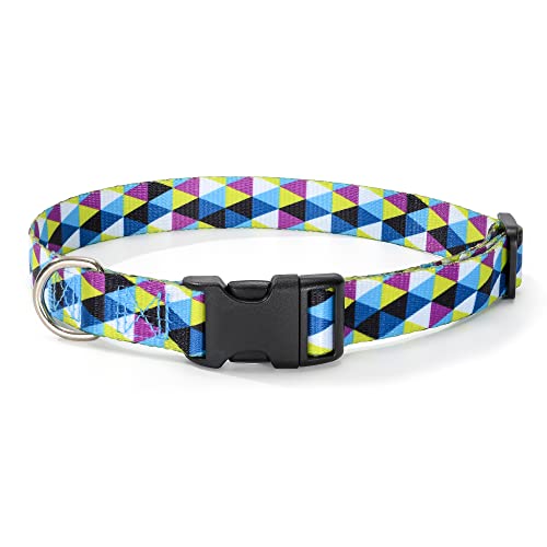 Mile High Life | Geometrisches Ozean-Wellenmuster | Weiches Poly-Baumwollgewebe | Schwarzes Schnallen-Hundehalsband mit D-Ring (M, Blau + Weißes Plaid) von Mile High Life