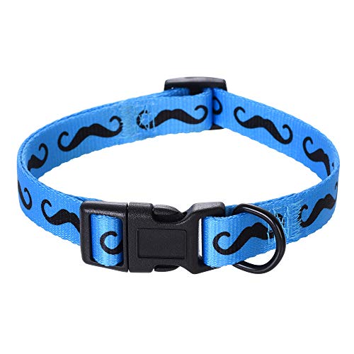 Mile High Life | Pfoten- Knochen- Schnurrbart- Muster | Weiches Poly-Baumwoll-Gewebe | Schwarzes Schnallen-Hundehalsband mit D-Ring (L, Blau) von Mile High Life