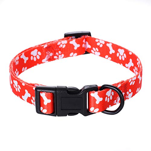 Mile High Life | Pfoten- Knochen- Schnurrbart- Muster | Weiches Poly-Baumwoll-Gewebe | Schwarzes Schnallen-Hundehalsband mit D-Ring (L, rot) von Mile High Life