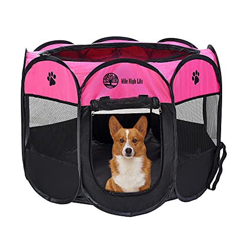 Mile High Life | Portable Katzen und Hundekiste | Faltbare Hundekiste Zelt | Zusammenklappbare Reisekiste | Wasserbeständige Schattenabdeckung(L, Pink) von Mile High Life